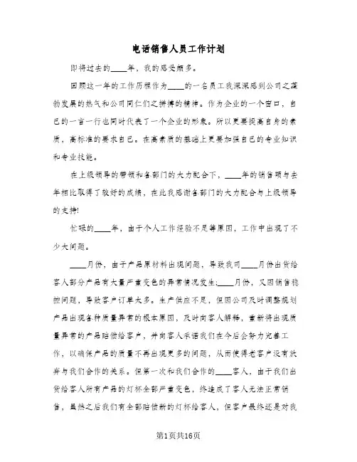 电话销售人员工作计划(七篇)