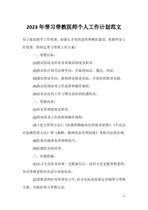 2023年带习带教医师个人工作计划范文