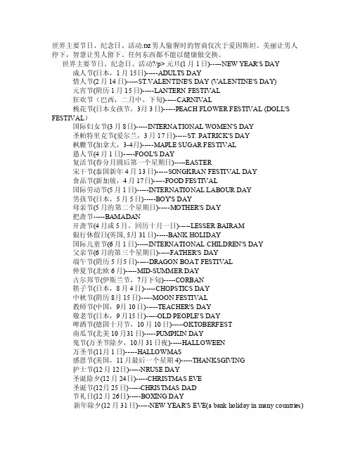 世界主要节日、纪念日、活动
