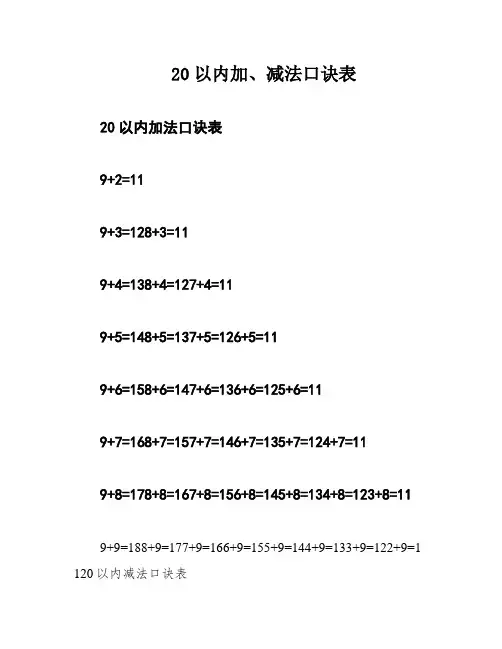 20以内加、减法口诀表
