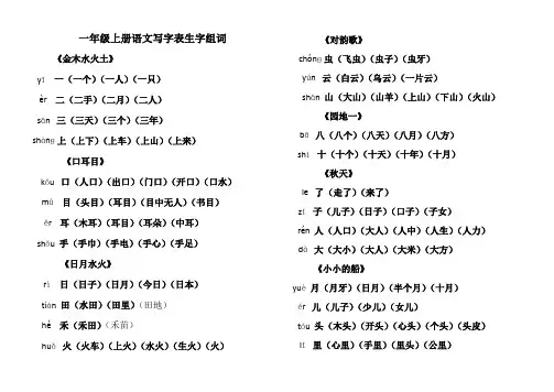 部编一年级上册语文写字表生字组词