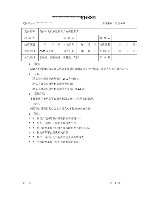 药品不良反应监测办公室岗位职责