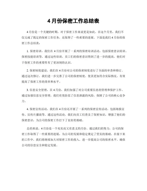 4月份保密工作总结表