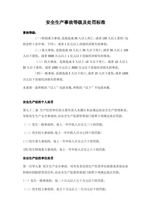 安全生产事故等级及处罚标准