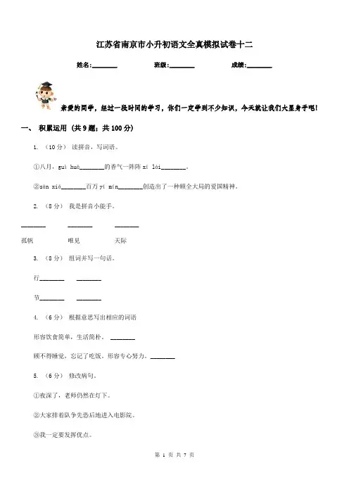 江苏省南京市小升初语文全真模拟试卷十二