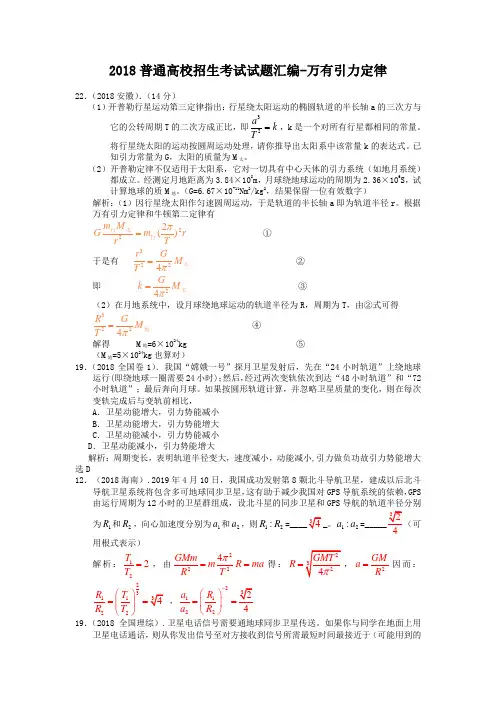 2019年高考物理试题汇编—万有引力定律