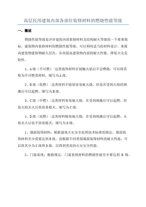 高层民用建筑内部各部位装修材料的燃烧性能等级