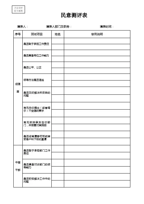 管理人员民意测评表(分子公司中层干部用)