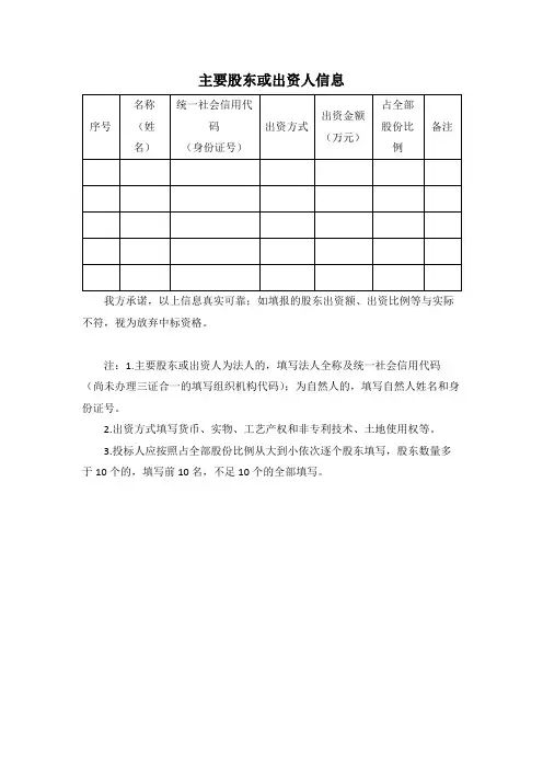 主要股东或出资人信息及投标人基本情况表模板