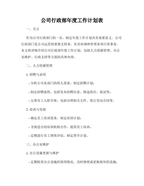 公司行政部年度工作计划表