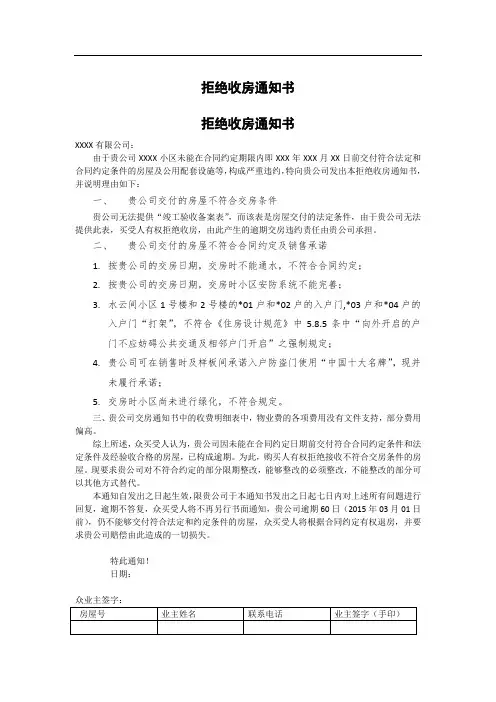 拒绝收房通知书
