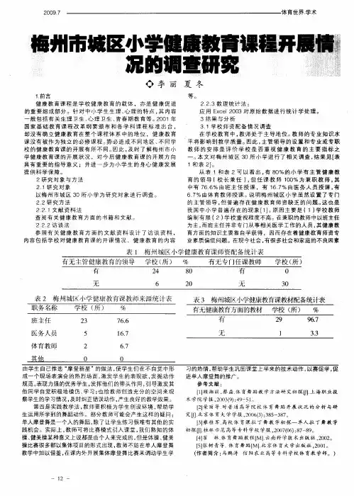 梅州市城区小学健康教育课程开展情况的调查研究