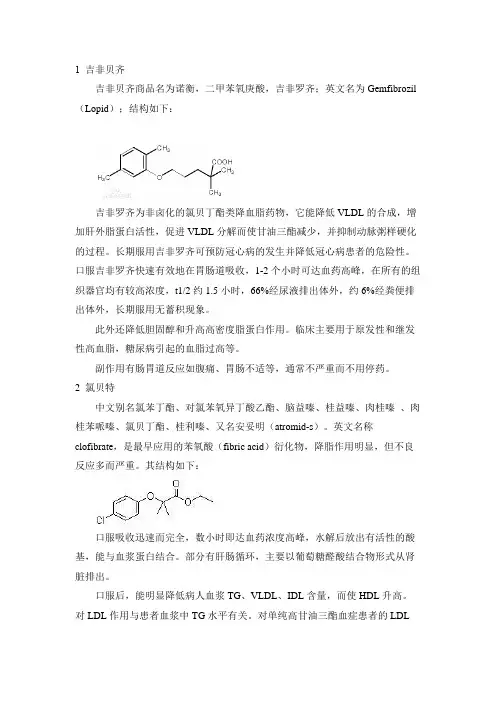 贝特类降脂药物品种信息
