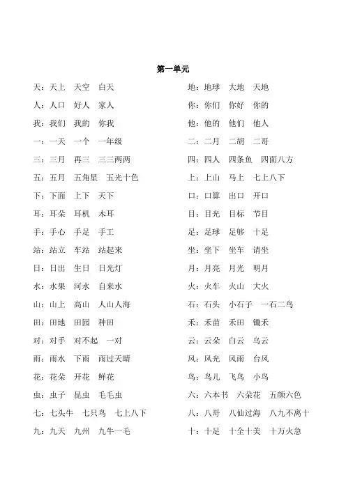 部编一年级语文上册词语汇总