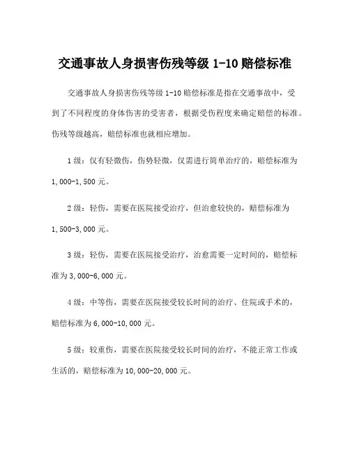 交通事故人身损害伤残等级1-10赔偿标准