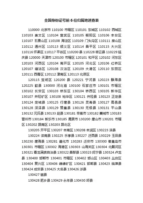 全国身份证号前6位归属地速查表