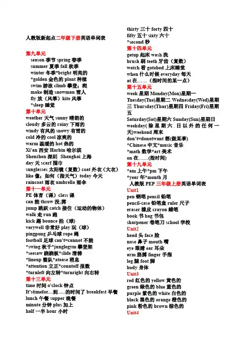 人教版新起点二年级下册英语单词表