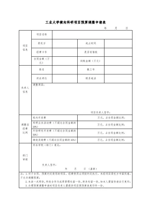 工业大学横向科研项目预算调整申请表