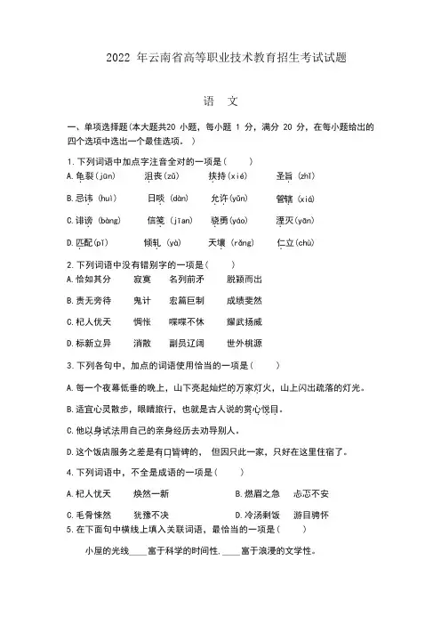 2022年云南省高等职业技术教育招生考试试题语文
