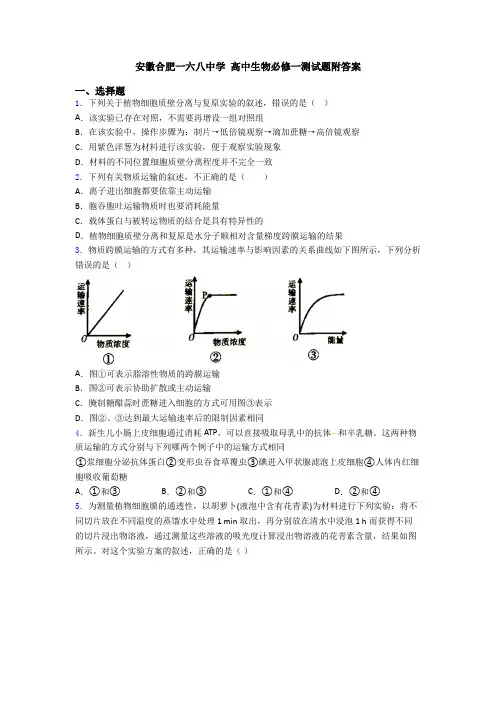 安徽合肥一六八中学 高中生物必修一测试题附答案