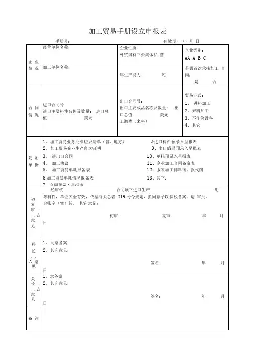 加工贸易合同备案呈批表