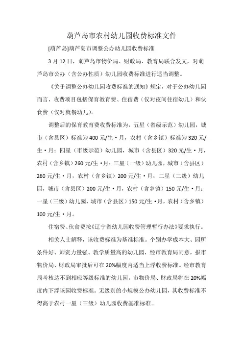 葫芦岛市农村幼儿园收费标准文件