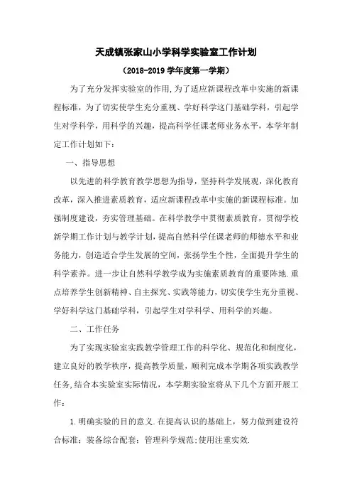 小学实验室工作计划2018—2019学年度第一学期