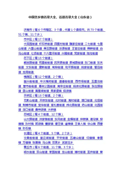 中国各乡镇名录大全、街道名录大全（山东省）