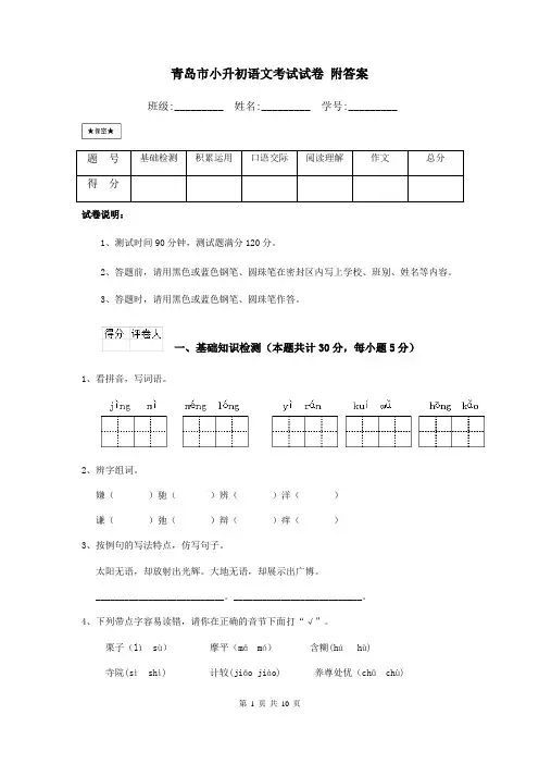 青岛市小升初语文考试试卷 附答案