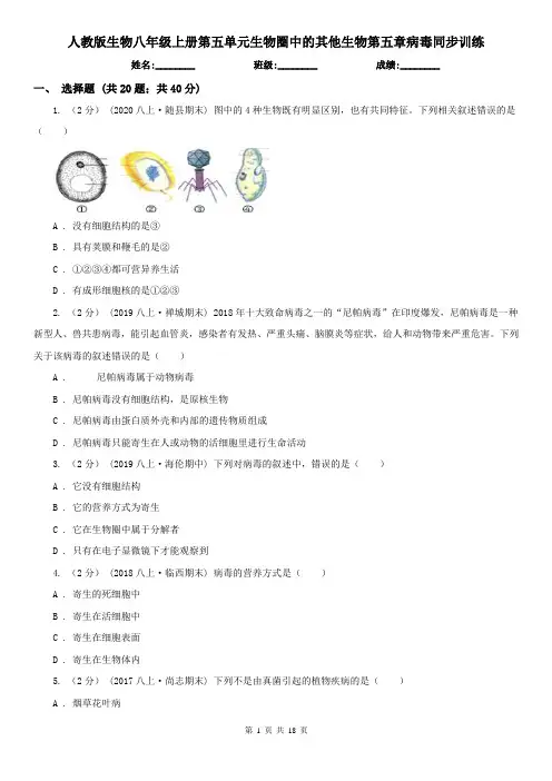 人教版生物八年级上册第五单元生物圈中的其他生物第五章病毒同步训练