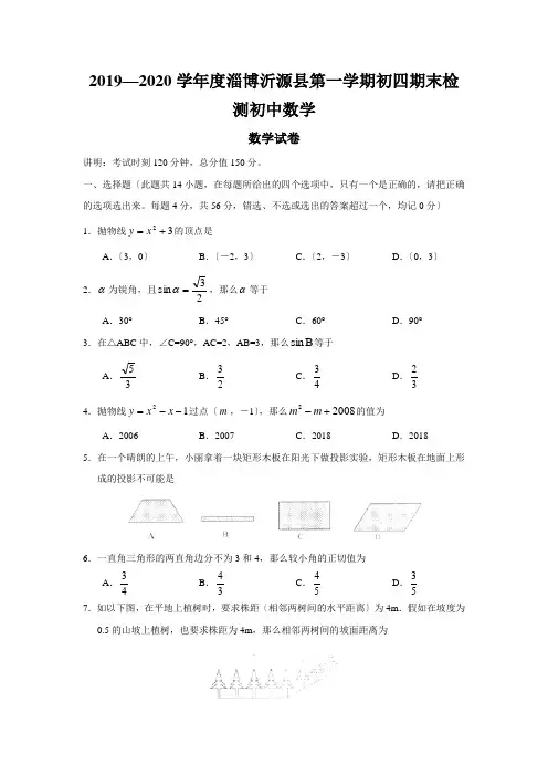 2019—2020学年度淄博沂源县第一学期初四期末检测初中数学