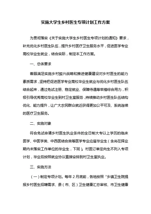 实施大学生乡村医生专项计划工作方案