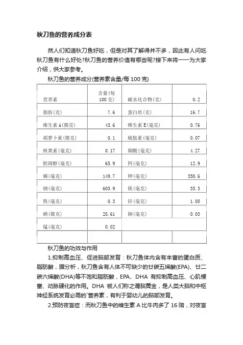秋刀鱼的营养成分表