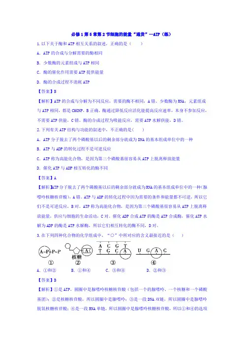 高中生物必修1 第5章第2节细胞的能量“通货”ATP 练习教师版 含答案 精品