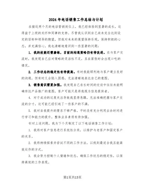2024年电话销售工作总结与计划（八篇）