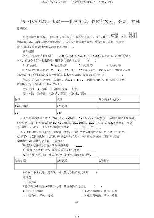 初三化学总复习专题——化学实验物质的鉴别、分离、提纯