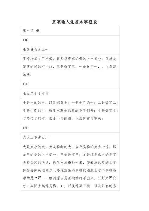 五笔输入法基本字根表