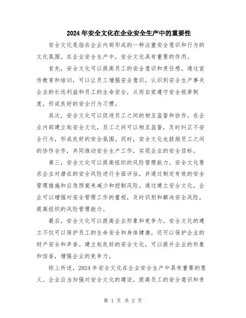 2024年安全文化在企业安全生产中的重要性