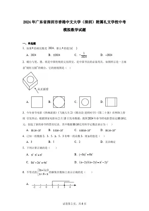 2024年广东省深圳市香港中文大学(深圳)附属礼文学校中考模拟数学试题