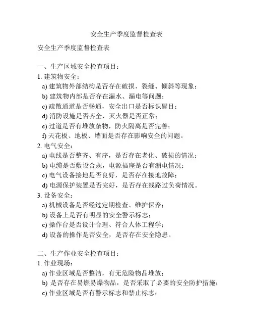 安全生产季度监督检查表