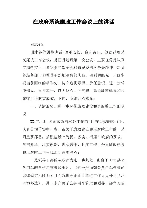 在政府系统廉政工作会议上的讲话