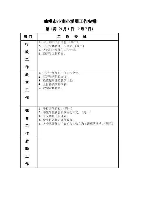 仙桃市小南小学周工作安排