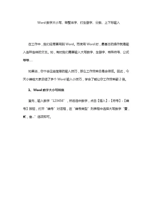 Word数字大小写、转繁体字、打生僻字、分数、上下标输入
