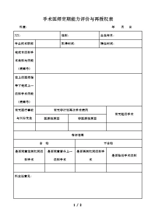 手术医师定期能力评价与再授权表