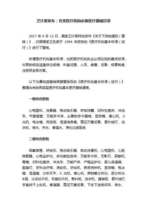 卫计委发布：各类医疗机构必备医疗器械目录
