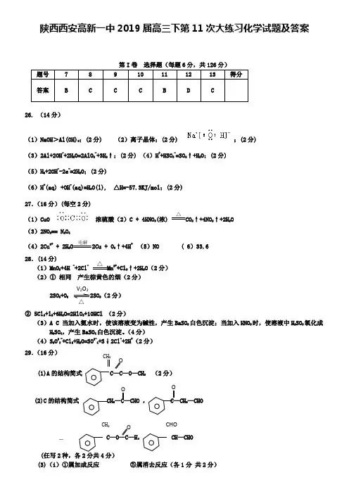 陕西西安高新一中2019届高三下第11次大练习化学试题及答案