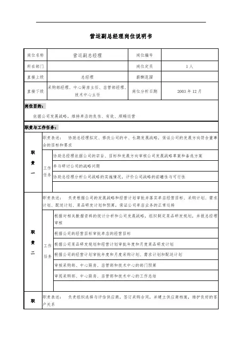 营运副总经理岗位说明书