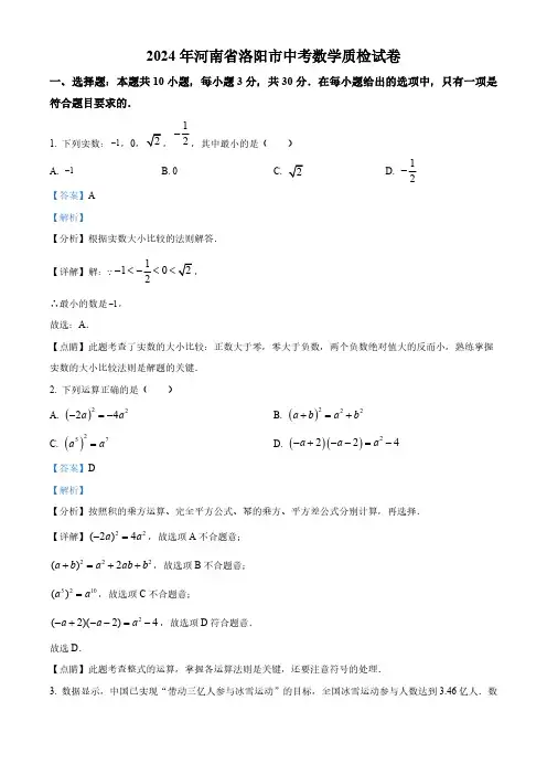 2024年河南省洛阳市中考数学质检模拟预测题(解析版)
