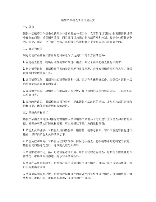 销售产品稽查工作计划范文