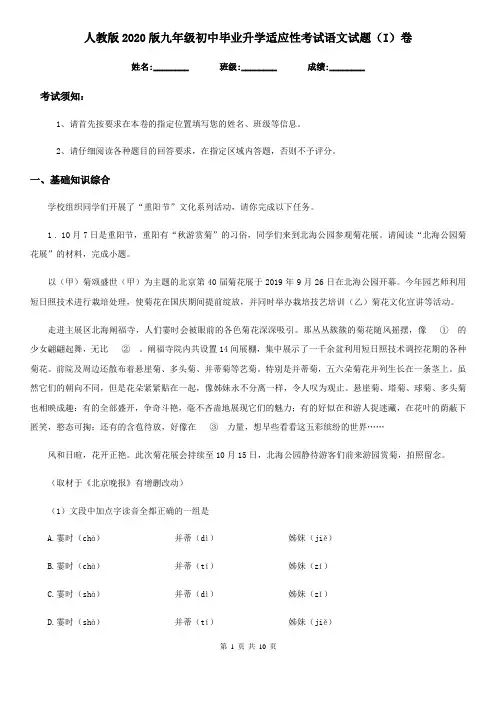 人教版2020版九年级初中毕业升学适应性考试语文试题(I)卷